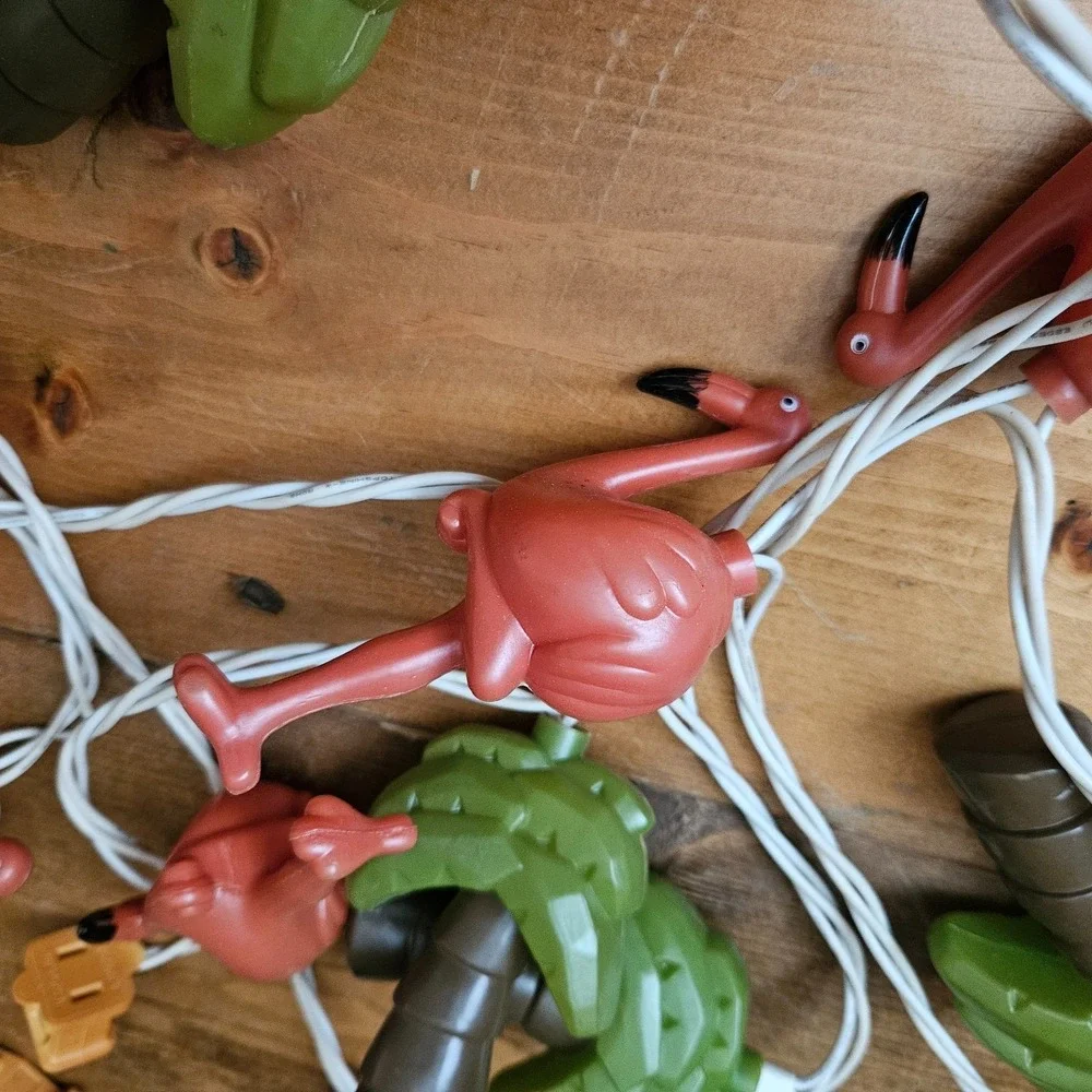 Vintage Flamingo & Palm Tree Patio String Lights Set 5 Ft Tropical Tested